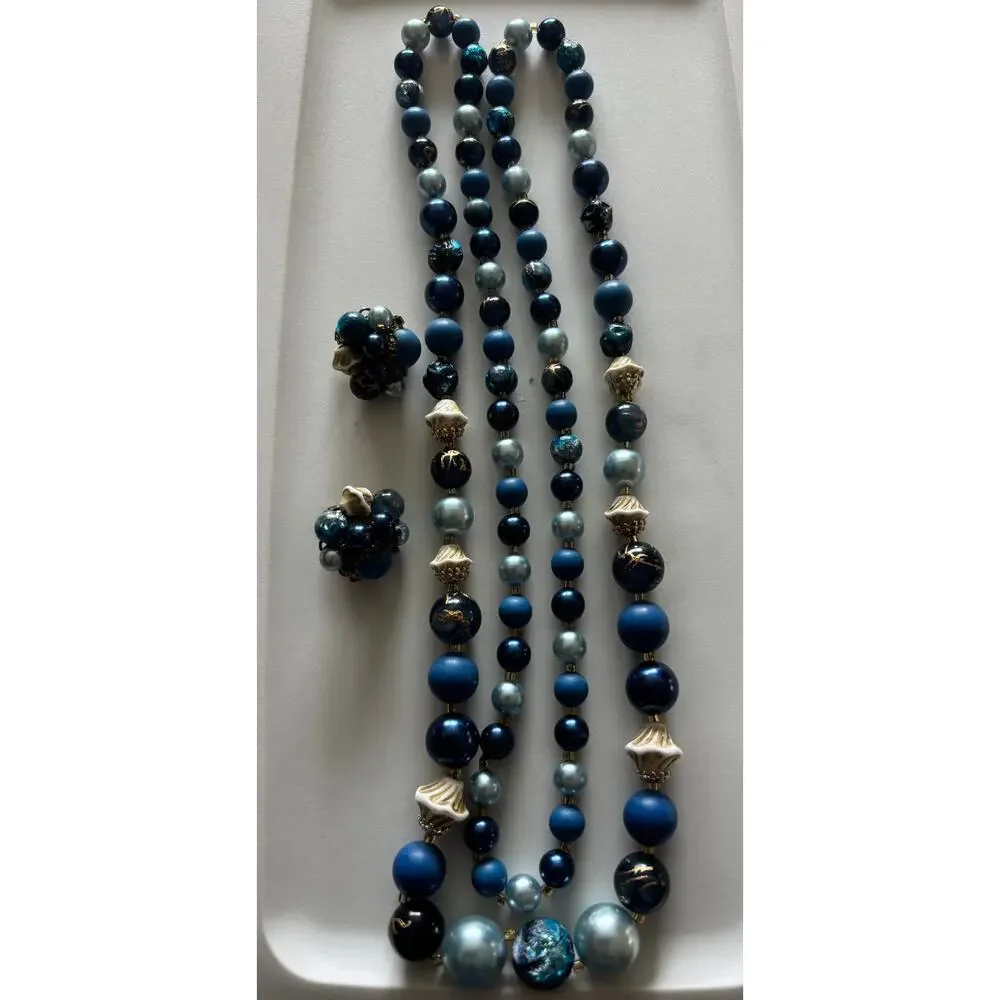 Vintage Japan Necklace and Earrings Lot 2 Blue Multi Color Gold Venetian Glass